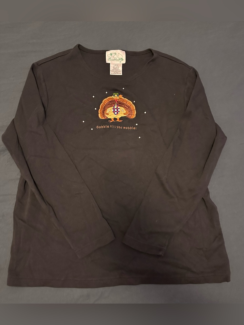 Quaker Factory Black Cotton Long-Sleeve Turkey Embroidered Shirt - Size Large